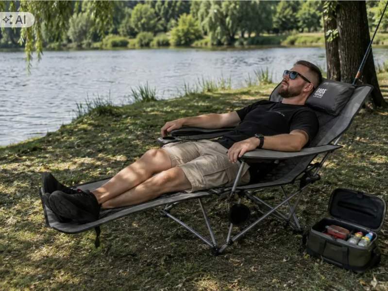 Крісло-шезлонг рибальське 144 &times; 83 &times; 90 см Bass Polska BH 30022 із регульованою спинкою та матрацом, до 130 кг  BH 30022 фото