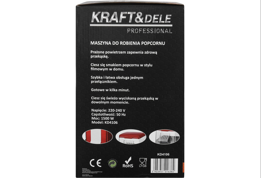Апарат для приготування попкорну  Kraft&Dele  KD4106  без жиру 1500 Вт машина для попкорну KD4106 фото