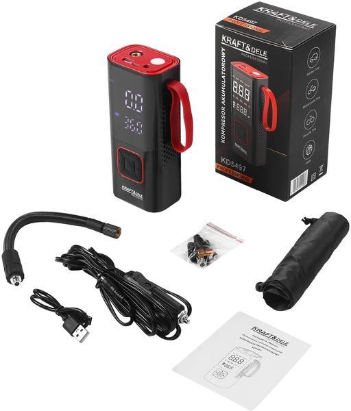 Аккумуляторный портативный компрессор 10 бар KRAFT&DELE KD5497 автомобильный с USB-C, фонариком и функцией повербанка  KD5497 фото