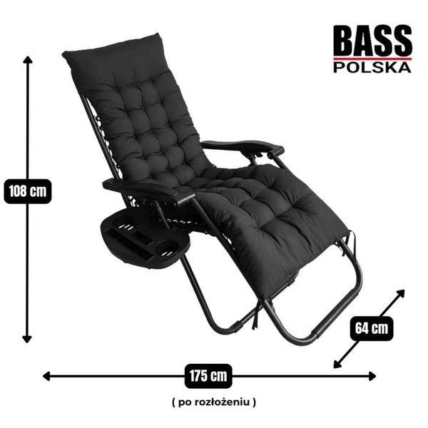 Складной шезлонг-кресло для сада Bass Polska BH 31012 с мягким матрасом и боковым столиком, удобный лежак для отдыха 175x64x108 см, черного цвета BH 31012 фото
