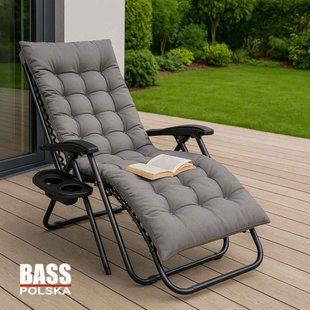 Складной шезлонг-кресло Bass Polska BH 31014 с матрасом и столиком, лежак для отдыха садовый 175x64x108 см серый BH 31014 фото