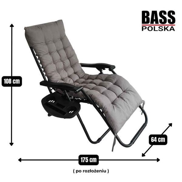 Складний шезлонг-крісло Bass Polska BH 31014 з матрацом і столиком, лежак для відпочинку садовий 175x64x108 см сірий BH 31014 фото