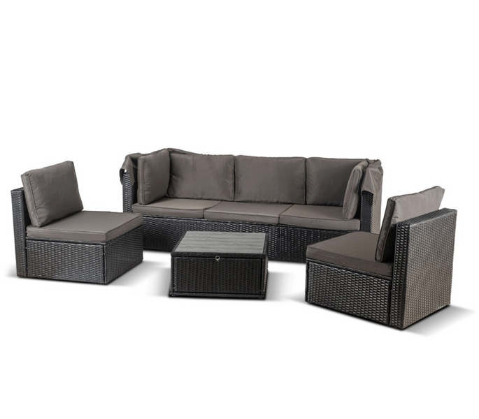 Комплект садових меблів MEBEL ELITE CALIENTE ME.CALIENTE/CZ/RT/OGR/ZES диван з навісом, 2 крісла, стіл, техноратанг, чорний/коричневий ME.CALIENTE/CZ/RT/OGR/ZES фото