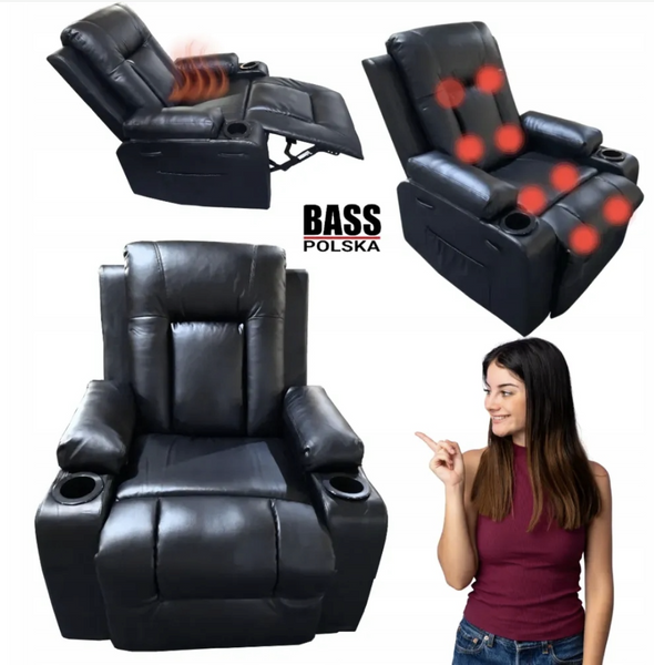 Массажное кожаное кресло, черное Bass Polska BH 30040 RELAX с массажем спины, поясницы и ног, с функцией качания BH 30040 фото