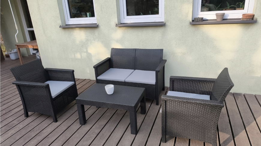 Комплект садових меблів,чорний техноратанг MEBEL ELITE BRENTA ME.BRENTA/CZ/RT/OGR/ZES 2-місний диван, 2 крісла, стіл ME.BRENTA/CZ/RT/OGR/ZES фото
