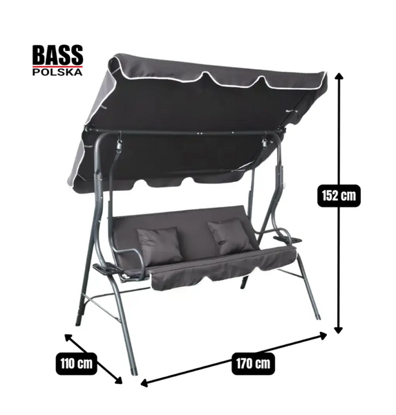 Гойдалка садова тримісна 170x110x153 см Bass Polska BH 10030 з підстаканниками та подушками, колір антрацит BH 10030 фото