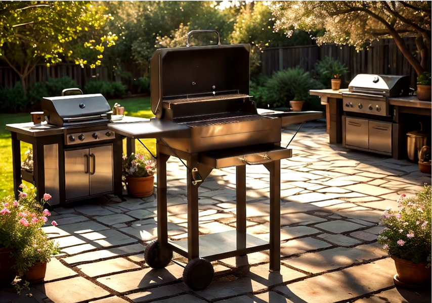 Угольный гриль-барбекю GardenLine BBQ6049 с термометром, чугунной решеткой и складными полками, для сада и дома. BBQ6049 фото