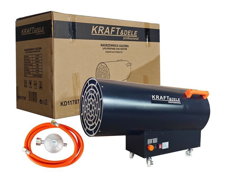 Газова теплова гармата 100 кВт Kraft&Dele KD11707 з термостатом і редуктором для будівельних майданчиків і складів KD11707 фото