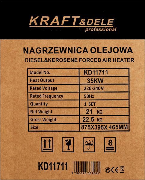 Дизельная тепловая пушка 35 кВт на колеса Kraft&Dele KD11711 с термостатом и защитой от перегрева для складов, мастерских и строительства.  KD11711 фото