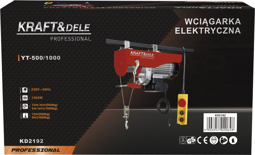 Электрическая лебедка Kraft&Dele KD2192 500/1000 кг 230 В для гаража и мастерской. KD2192  фото