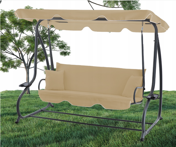 Садовые качели 3-местныеGarden Line KRE0759 с функцией лежака 210x120x170 см, с мягкими подушками, регулируемой крышей и подставками для напитков, бежевая KRE0759 фото