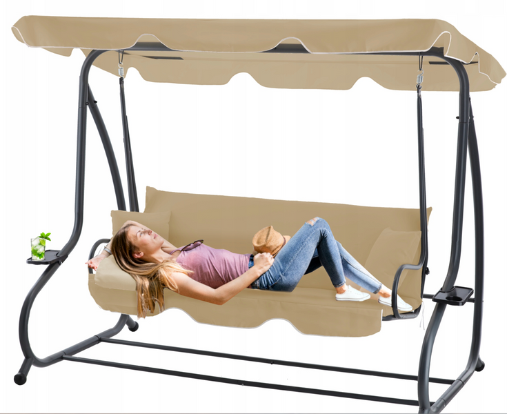 Садовые качели 3-местныеGarden Line KRE0759 с функцией лежака 210x120x170 см, с мягкими подушками, регулируемой крышей и подставками для напитков, бежевая KRE0759 фото