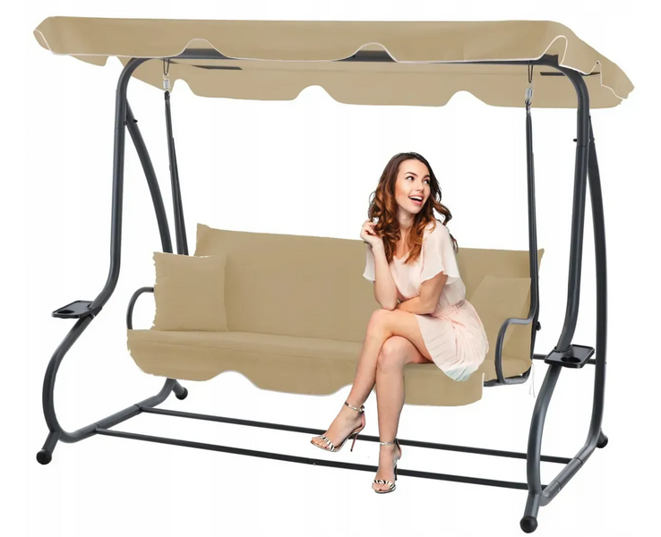 Садовые качели 3-местныеGarden Line KRE0759 с функцией лежака 210x120x170 см, с мягкими подушками, регулируемой крышей и подставками для напитков, бежевая KRE0759 фото